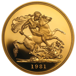 Pre-Owned 1981 UK Quintuple Sovereign Proof Design Gold Coin