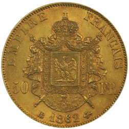 Pre-Owned 1862 French Strasbourg Mint 50 Franc Napoleon III Gold Coin