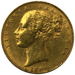 Pre-Owned 1869 London Mint DN.25 Victorian 'Shield' Sovereign Gold Coin