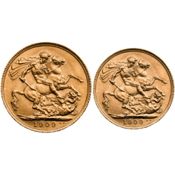 Pre-Owned 1909 UK Full and Half Sovereign Pair 2-Gold Coin Set