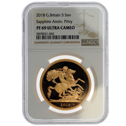 Pre-Owned 2018 UK Quintuple Sovereign £5 Sapphire Anniversary Privy Proof Gold Coin - NGC Graded PF6