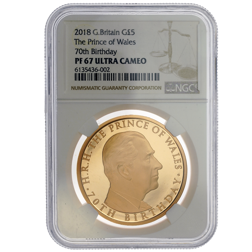 Pre-Owned 2018 UK Prince of Wales 70th Birthday £5 Proof Gold Coin - NGC Graded PF67 Ultra Cameo - 6