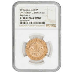 Pre-Owned 2019 UK Boy Scouts 50p Piedfort Proof Gold Coin - NGC Graded PF70 Ultra Cameo - 5878561-002