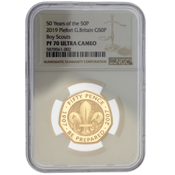 Pre-Owned 2019 UK Boy Scouts 50p Piedfort Proof Gold Coin - NGC Graded PF70 Ultra Cameo - 5878561-00