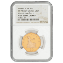 Pre-Owned 2019 UK New Pence 50p Piedfort Proof Gold Coin - NGC Graded PF70 Ultra Cameo - 5878561-001