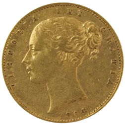 Pre-Owned 1864 London Mint DN.4 Victoria Young Head Shield Full Sovereign Gold Coin