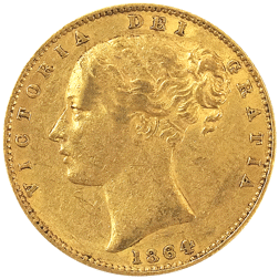 Pre-Owned 1864 London Mint DN.72 Victoria Young Head Shield Full Sovereign Gold Coin