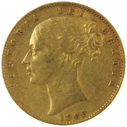 Pre-Owned 1866 London Mint DN.19 Victoria Young Head Shield Full Sovereign Gold Coin
