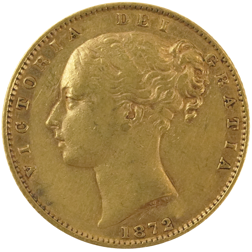 Pre-Owned 1872 London Mint DN.89 Victoria Young Head Shield Full Sovereign Gold Coin