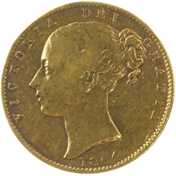 Pre-Owned 1864 London Mint DN.54 Victorian 'Shield' Full Sovereign Gold Coin