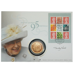 Pre-Owned 2021 UK 95th Birthday of Queen Elizabeth II £5 Proof Gold Coin in Stamp Cover