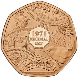 Pre-Owned 2021 UK Decimal Day 50th Anniversary 50p Piedfort Proof Gold Coin