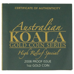 Pre-Owned 2008 Australian Koala 1oz High Relief Proof Gold Coin