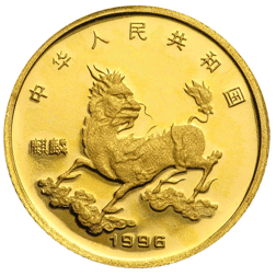 Pre-Owned 1996 China Unicorn 5 Yuan 1/20oz Gold Coin