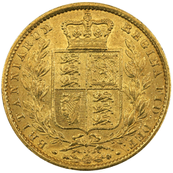 Pre-Owned 1865 London Mint Victoria DN.19 Young Head 'Shield' Full Sovereign Gold Coin