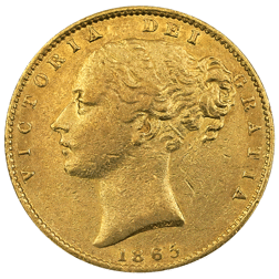 Pre-Owned 1865 London Mint Victoria DN.19 Young Head 'Shield' Full Sovereign Gold Coin