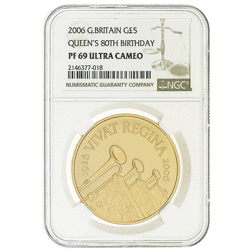 Pre-Owned 2006 Queen Elizabeth II's 80th Birthday £5 Proof Gold Coin - NGC Graded PF69 - 2146377-018