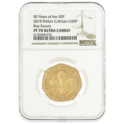 Pre-Owned 2019 UK Boy Scouts 50p Piedfort Proof Gold Coin - NGC Graded PF70 - 6135508-018