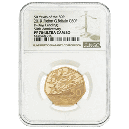 Pre-Owned 2019 UK D-Day 50p Piedfort Proof Gold Coin - NGC Graded PF70 - 6135508-015