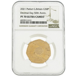 Pre-Owned 2021 UK Decimal Day 50p Piedfort Proof Gold Coin - NGC Graded PF70 - 6029912-012
