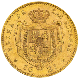 Pre-Owned 1868 Spain Isabel II 10 Escudos Gold Coin