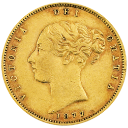 Pre-Owned 1877 London Mint DN.79 Victoria Young Head 'Shield' Half Sovereign Gold Coin