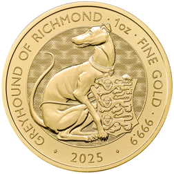 Pre-Owned 2025 UK Tudor Beasts Greyhound of Richmond 1oz Gold Coin