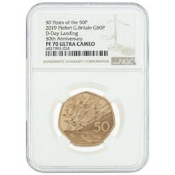 Pre-Owned 2019 UK D-Day 50p Piedfort Proof Gold Coin - NGC Graded PF70 - 6027993-024
