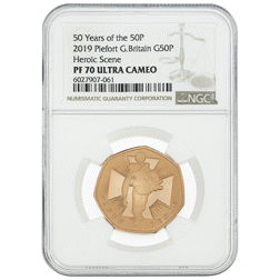 Pre-Owned 2019 UK Victoria Cross ‘Heroic Acts’ 50p Piedfort Proof Gold Coin - NGC Graded PF70 - 6027
