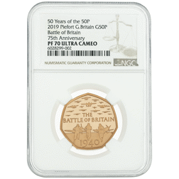 Pre-Owned 2019 UK Battle of Britain 50p Piedfort Proof Gold Coin - NGC Graded PF70 - 6028299-002
