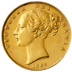 Pre-Owned 1869 London Mint DN.12 Victoria Young Head 'Shield' Full Sovereign Gold Coin