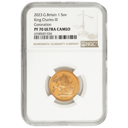 Pre-Owned 2023 UK Coronation Full Sovereign Proof Gold Coin - NGC Graded PF70 - 6768549-034