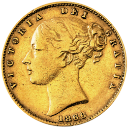 Pre-Owned 1866 London Mint DN.9 Victorian 'Shield' Full Sovereign Gold Coin