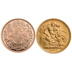 Pre-Owned UK Queen Elizabeth II and King Charles III Full Sovereign Gold 2-Coin Set - Missing Outer 