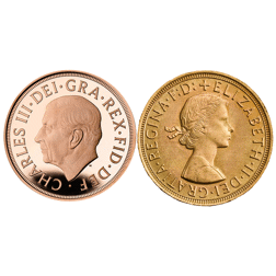 Pre-Owned UK Queen Elizabeth II and King Charles III Full Sovereign Gold 2-Coin Set - Missing Outer 