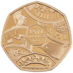Pre-Owned 2021 UK Decimal Day 'Struck on the Day' 50p Proof Design Gold Coin