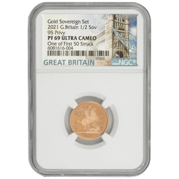 Pre-Owned 2021 UK Half Sovereign Proof Gold Coin - NGC Graded PF69 - 6081616-004