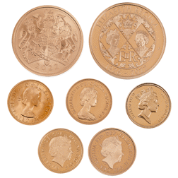 Pre-Owned 2022 Queen Elizabeth II Memorial 7-Coin Premium Gold Set - Damaged Sleeve