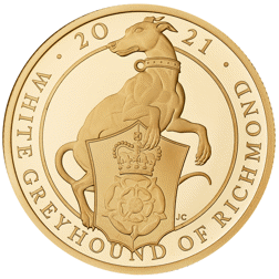 Pre-Owned 2021 UK Queen’s Beasts White Greyhound of Richmond 1oz Proof Design Gold Coin