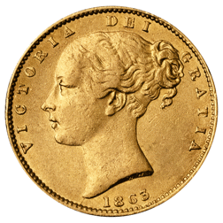 Pre-Owned 1863 London Mint DN.9 Victorian Young Head 'Shield' Full Sovereign Gold Coin