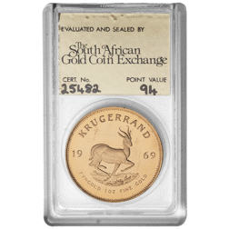 Pre-Owned 1969 South African Krugerrand 1oz Proof Gold Coin - SAGCE Graded 94 - Certificate 25482