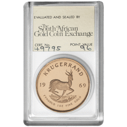 Pre-Owned 1969 South African Krugerrand 1oz Proof Gold Coin - SAGCE Graded 96 - Certificate 49795