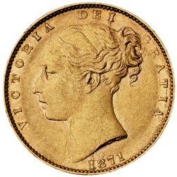 Pre-Owned 1871 London Mint DN.111 Victoria Young Head Shield Full Sovereign Gold Coin