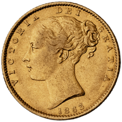 Pre-Owned 1863 London Mint DN.10 Victorian Young Head 'Shield' Full Sovereign Gold Coin