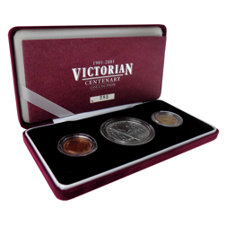 Pre-Owned 1901-2001 UK Victorian Centenary £5 Silver and Full Sovereign Gold Three Coin Collection