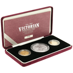 Pre-Owned 1901-2001 UK Victorian Centenary £5 Silver and Full Sovereign Gold 3-Coin Collection