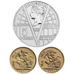 Pre-Owned 1901-2001 UK Victorian Centenary £5 Silver and Full Sovereign Gold 3-Coin Collection