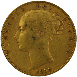 Pre-Owned 1873 Sydney Mint Victoria Young Head 'Shield' Full Sovereign Gold Coin