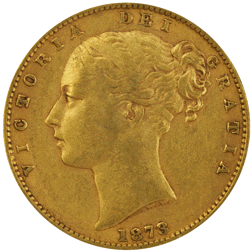 Pre-Owned 1873 Sydney Mint Victoria Young Head 'Shield' Full Sovereign Gold Coin