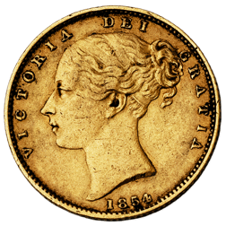 Pre-Owned 1854 London Mint Victoria Young Head Shield Full Sovereign Gold Coin